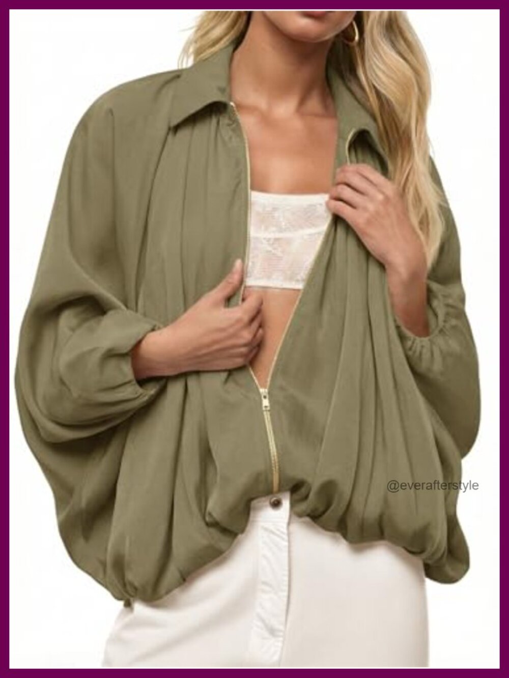 Oversized Batwing Bomber Jacket Puffed Zip Up Loose Fit